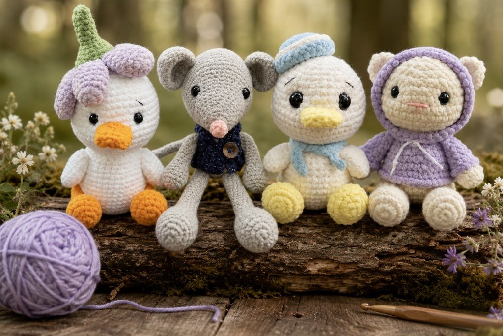 Four crochet critters — a duckling, a mouse, a duck in a sailor cap and a hooded bear — on a mossy log beside a ball of yarn and a crochet hook